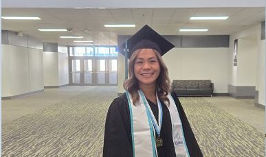 Nurse celebrates graduation after advancing from LPN to BSN at Carson Tahoe Health.
