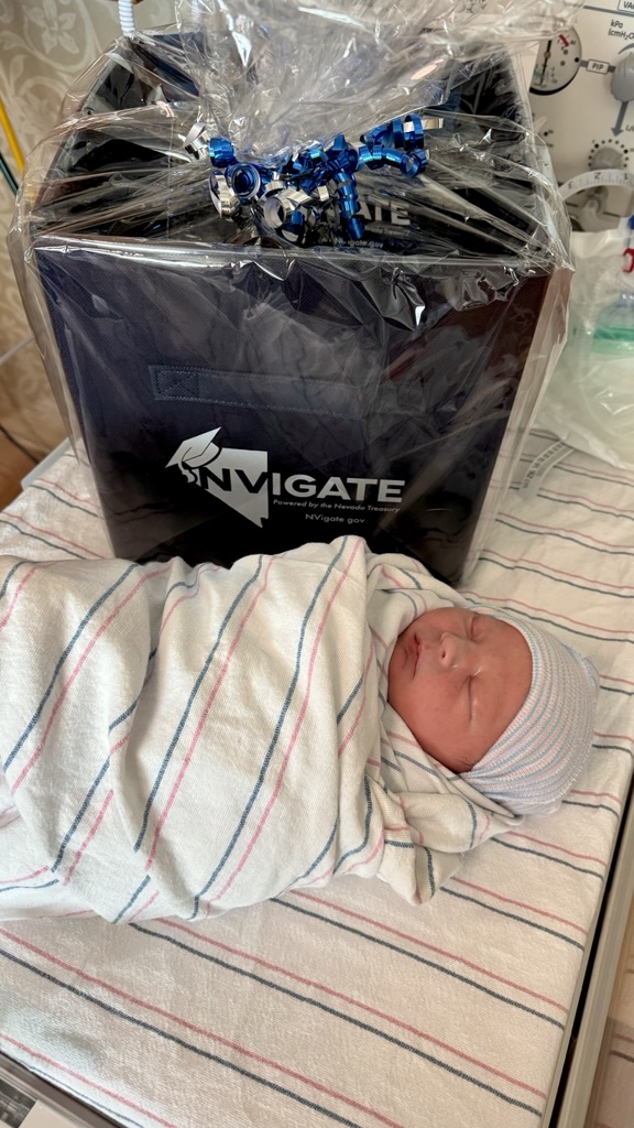 Newborn baby at Carson Tahoe Health with 529 college savings gift for families