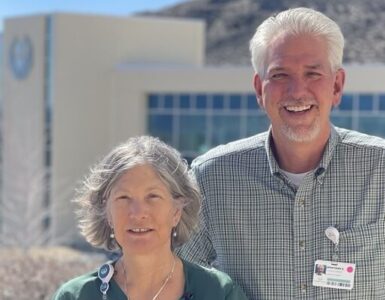 Carson Tahoe Health physical therapists Wendy and Jonathan standing together outside the hospital in Carson City