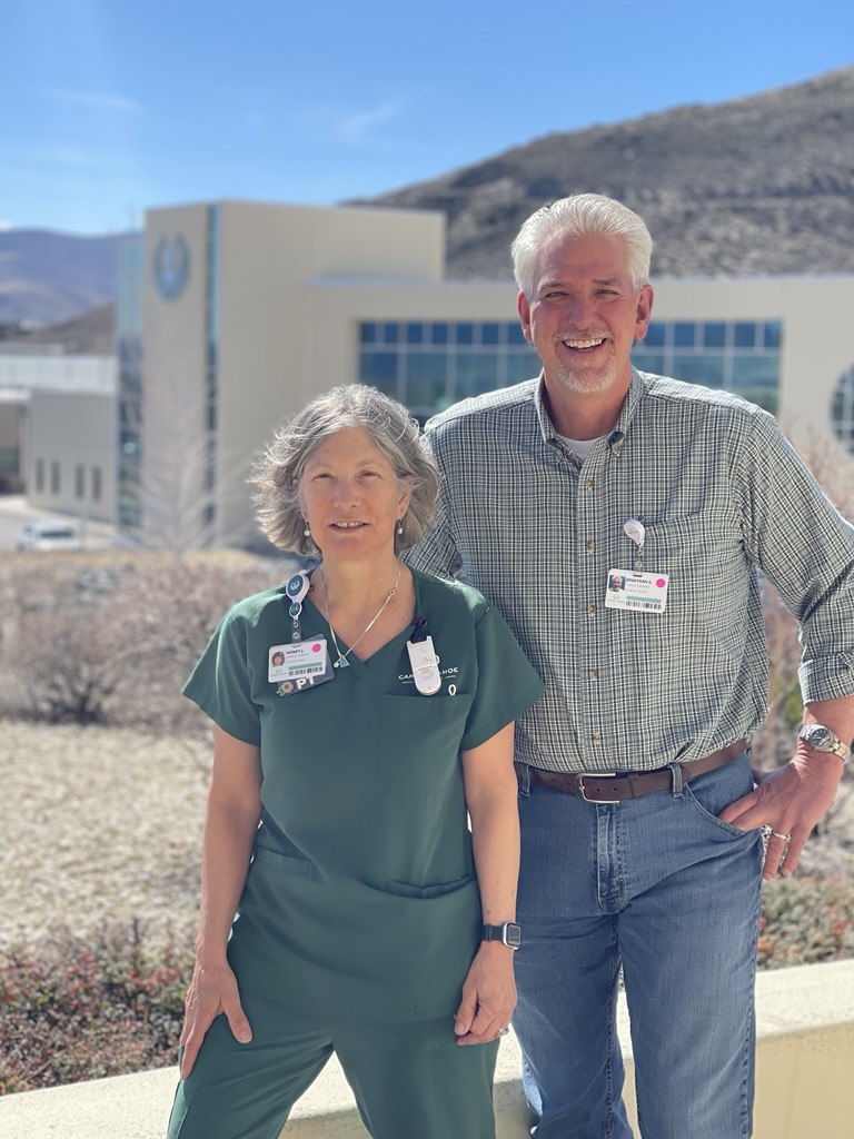 Carson Tahoe Health physical therapists Wendy and Jonathan standing together outside the hospital in Carson City