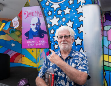Michael McDonald of The Doobie Brothers points to a newly dedicated vinyl of Dave Mason on Carson Tahoe Health's SOUND IDEAS Vehicle of Change as their Champion of Creativity during the Dave Mason Legacy Dedication and Benefit Concert.